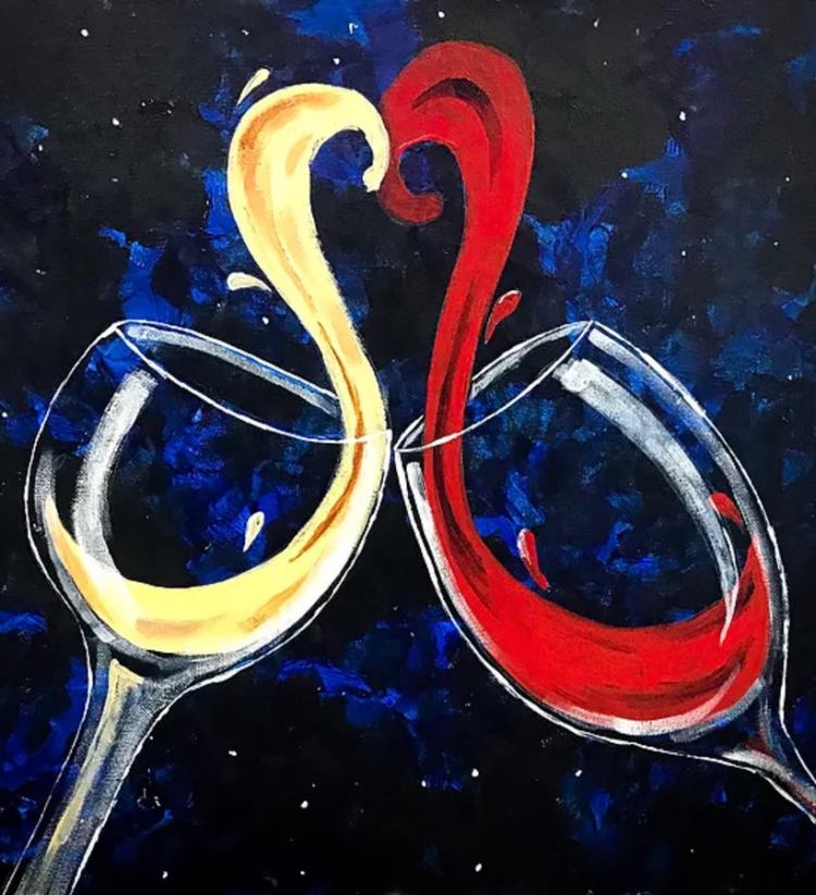 Un cuadro de dos copas, una con vino rojo y otra con vino blanco formando un corazón a medio brindis